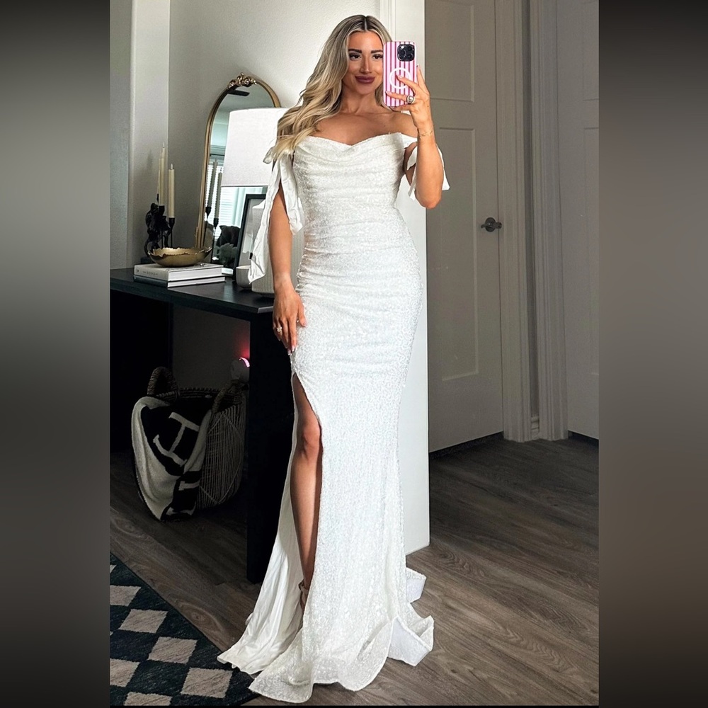 Marley Off Shoulder Bow Maxi Dress White Sequin Small
